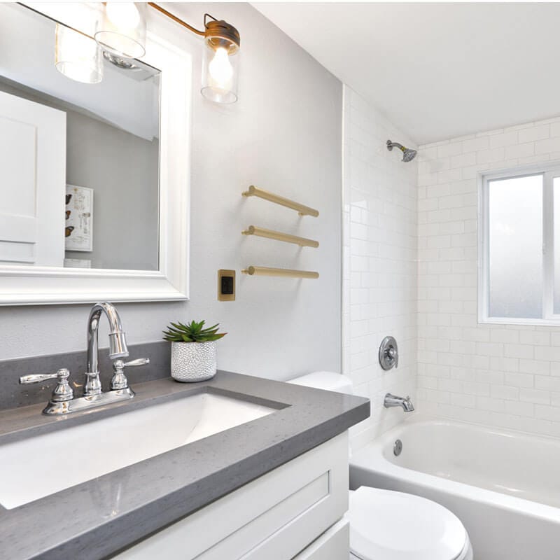 Modello I Round 20 Inch Hardwired Single Bar Satin Brass Horizontal Corner View Bathroom Set Up