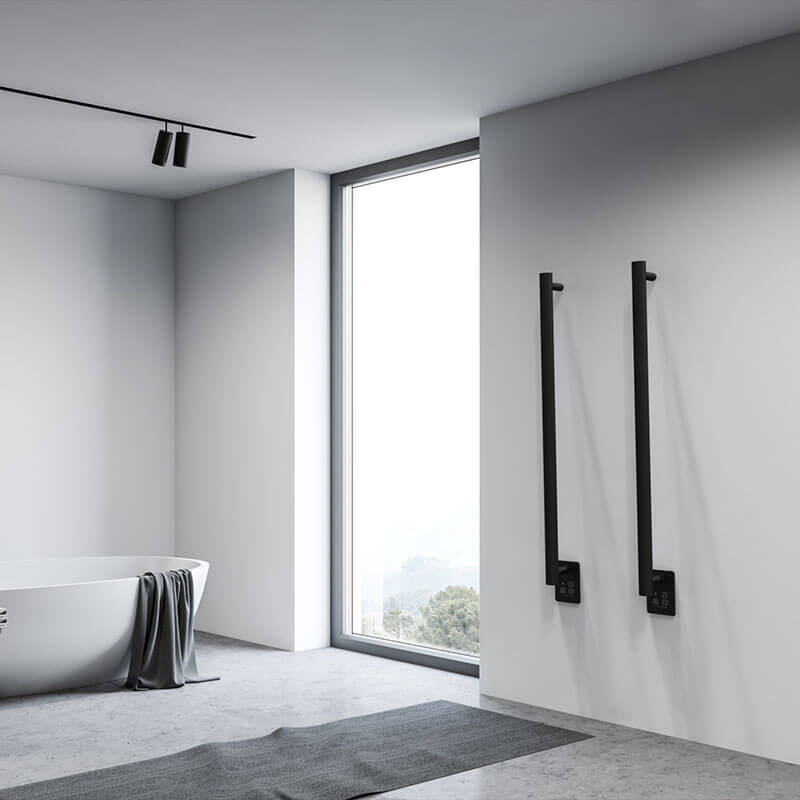 Modello I Round 40 Hardwired Single Bar Matte Black Corner View Bathroom Set Up