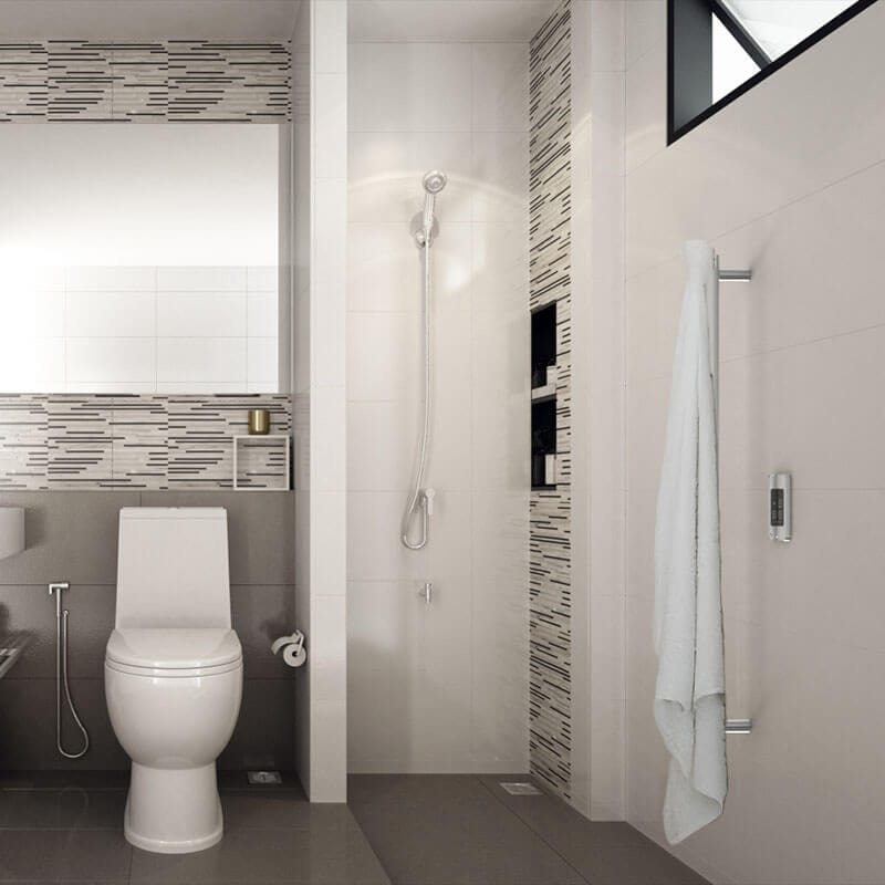 Modello i Round 40" Hardwired Single Bar Polished Stainless Veritcal Corner Vew Bathroom Set Up
