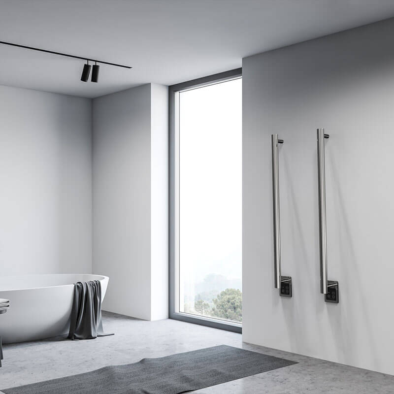 Modello I Round 40" Hardwired Single Bar Polished Stainless Vertical Corner View Bathroom Set Up