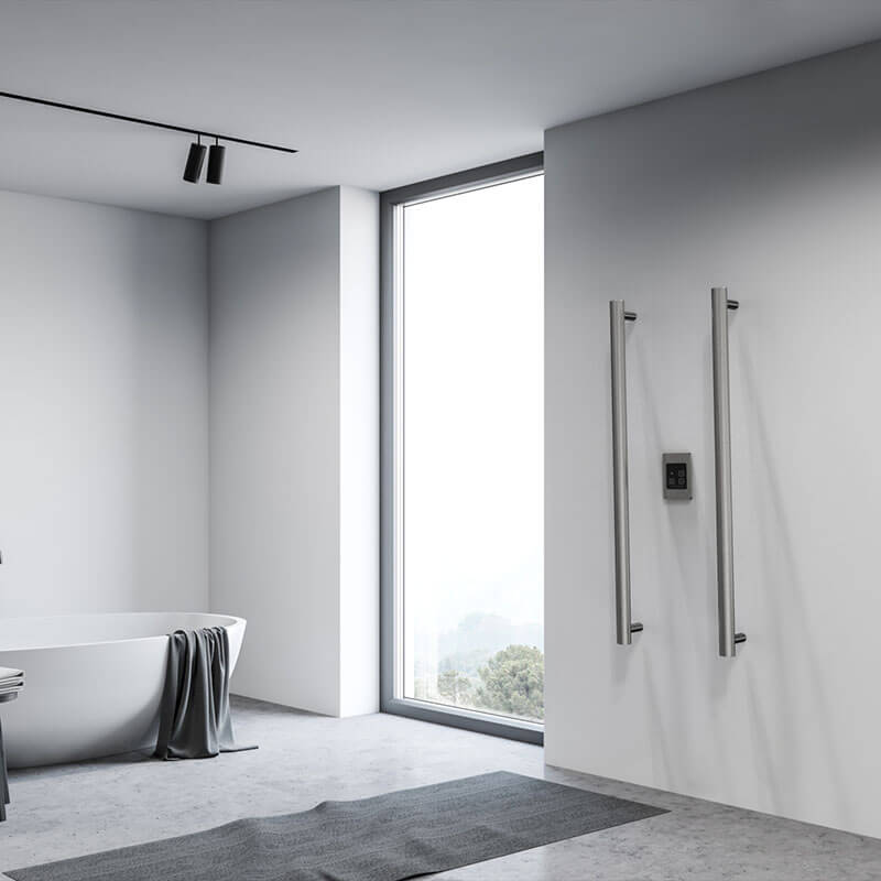 Modello I Round 40 Inch Hardwired Single Bar Brushed Stainless Corner View Bathroom Set Up