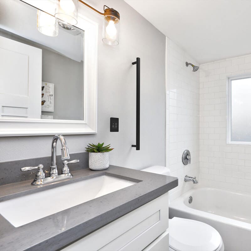 Modello I Round 40 Inch Hardwired Single Bar Matte Black Corner View Bathroom Set Up