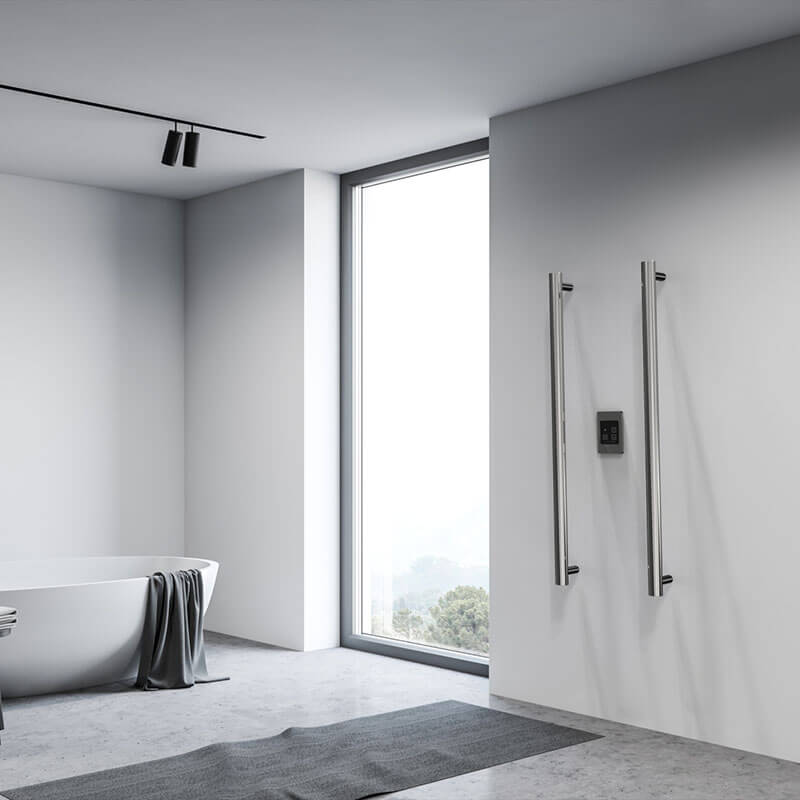 Modello I Round 40 Inch Hardwired Single Bar Polished Stainless Vertical Corner View Bathroom Set Up