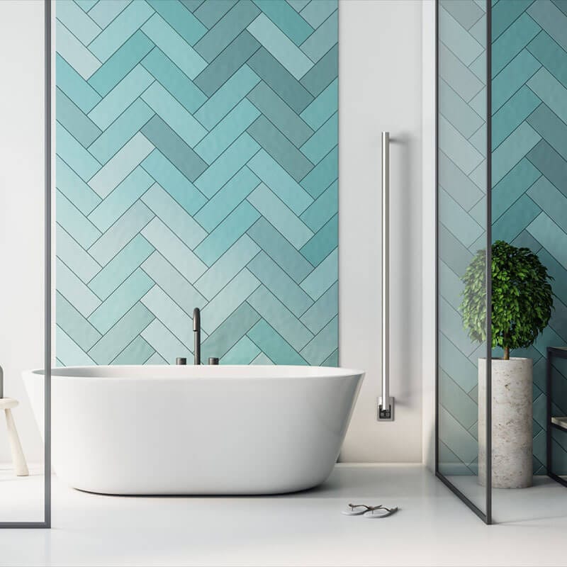 Modello I Round 59 Hardwired Single Bar Brushed Stainless Corner View Bathroom Set Up