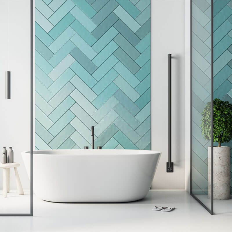 Modello I Round 59 Hardwired Single Bar Matte Black Front View Bathroom Set Up