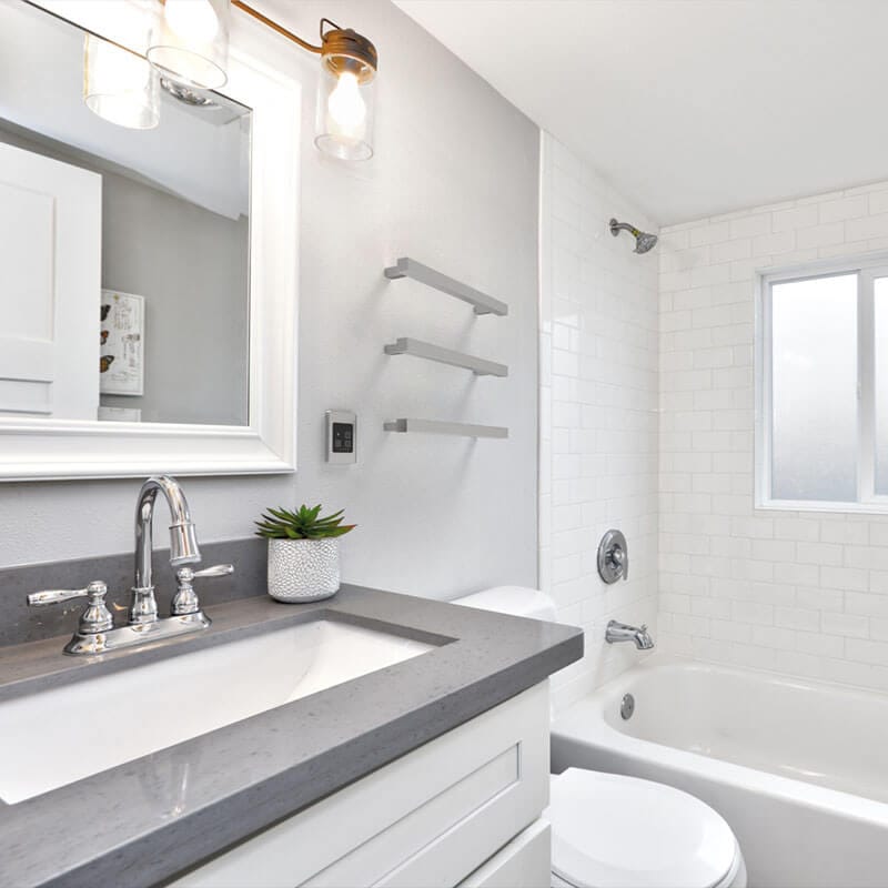 Modello I Square 20" Hardwired Single Bar Brushed Stainless Corner View Bathroom Set Up