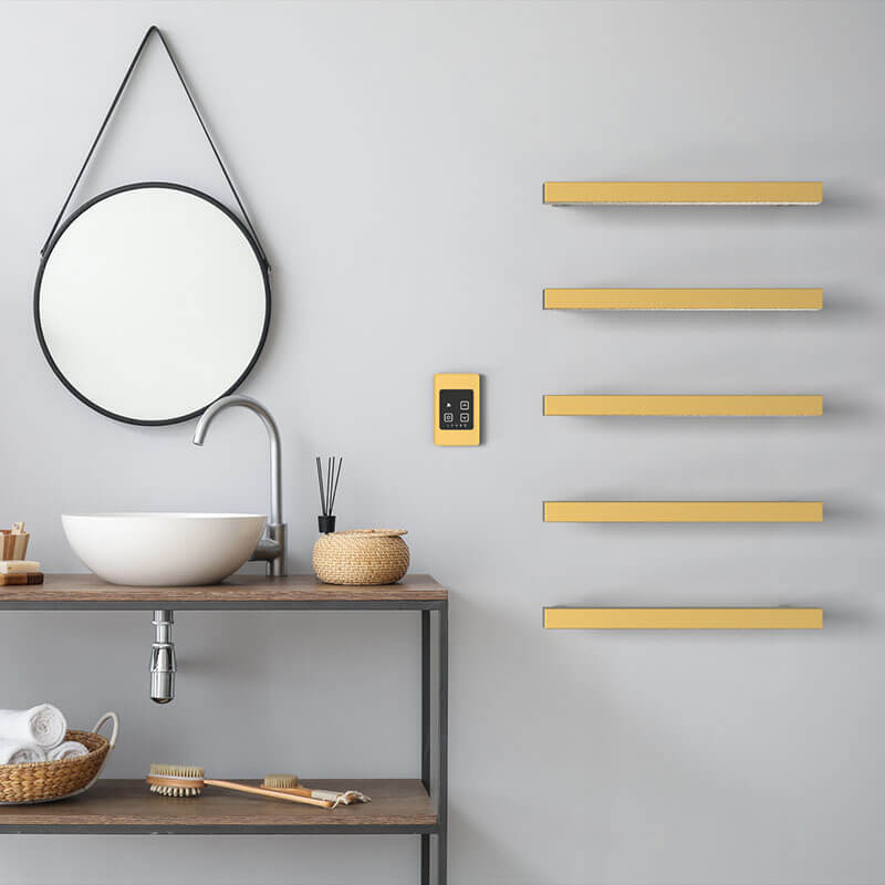 Modello I Square 20 Hardwired Single Bar Satin Brass Side View Bathroom Set Up