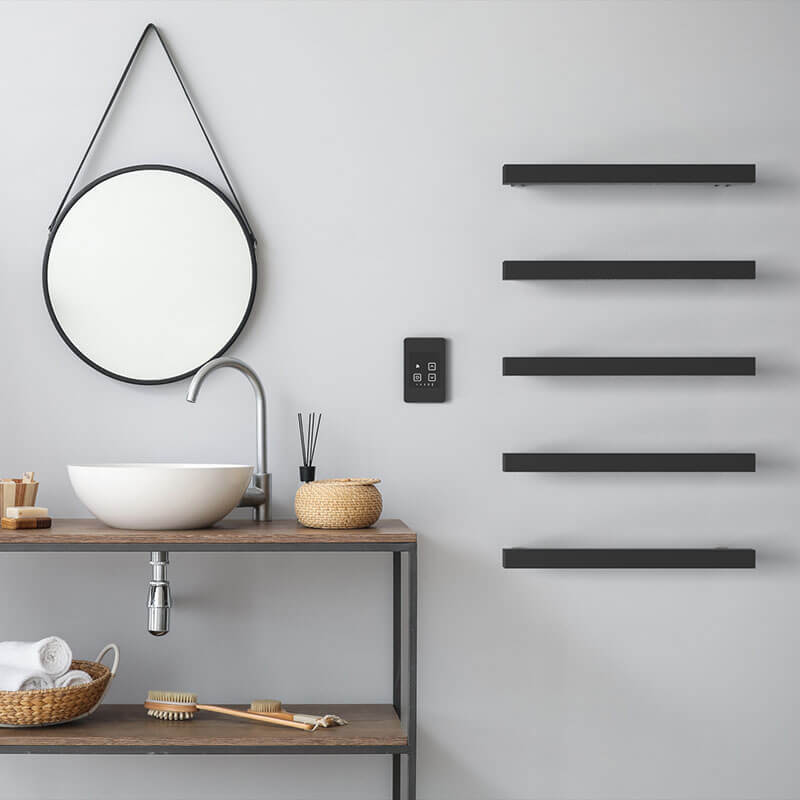 Modello I Square 20 Inch Hardwired Single Bar Matte Black Front View Bathroom Set Up