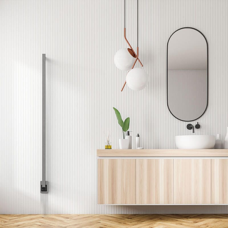 Modello I Square 59 Hardwired Single Bar Polished Stainless Front View Bathroom Set Up