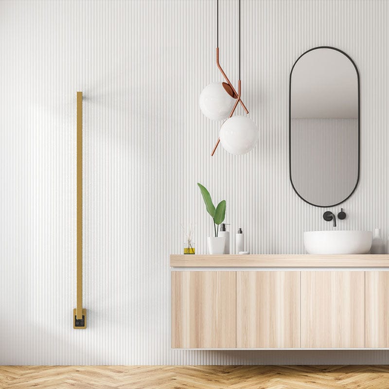 Modello I Square 59 Hardwired Single Bar Satin Brass Front View Bathroom Set Up