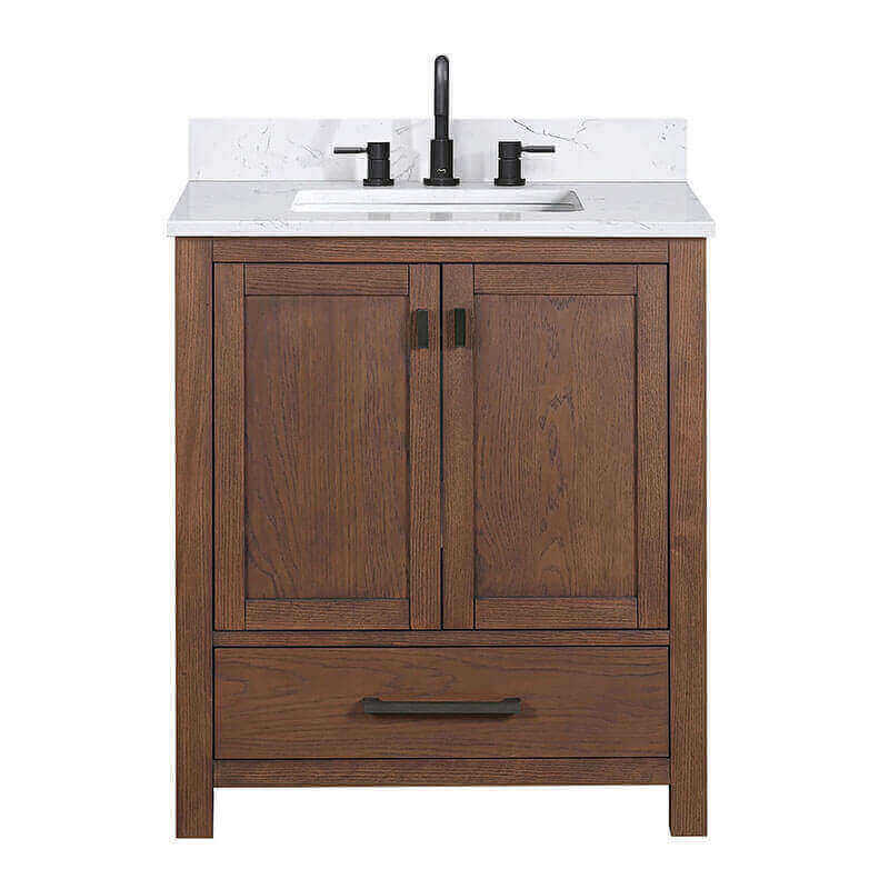 Modero 30 Inch Single Vanity Mocha Oak in Cala White Engineered Stone Front View