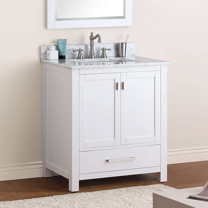 Modero 30 inch Single Vanity White in Carrara White Marble Corner View