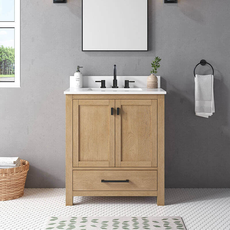 Modero 30 Single Vanity Brushed Oak in Cala White Engineered Stone Front View