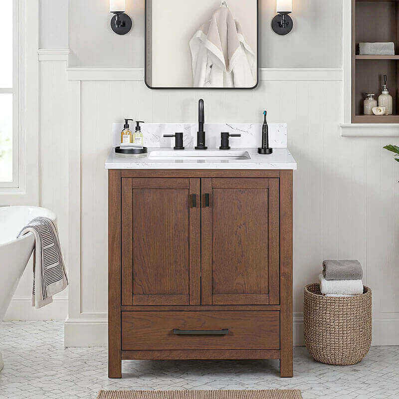 Modero 30 Single Vanity Mocha Oak in Cala White Engineered Stone Front View