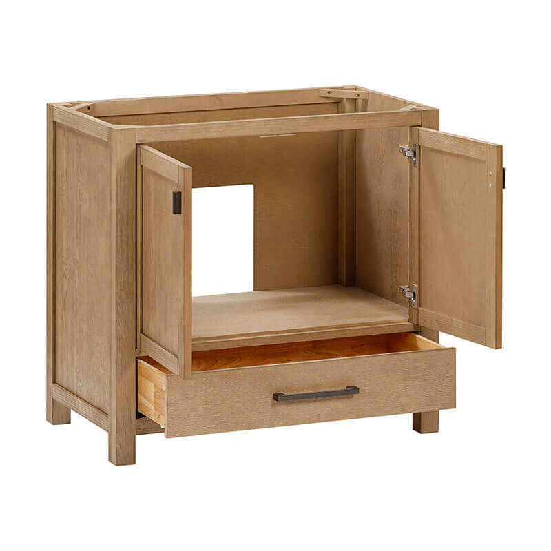 Modero 36 Inch Single Vanity Brushed Oak Cabinet Only Open Drawer