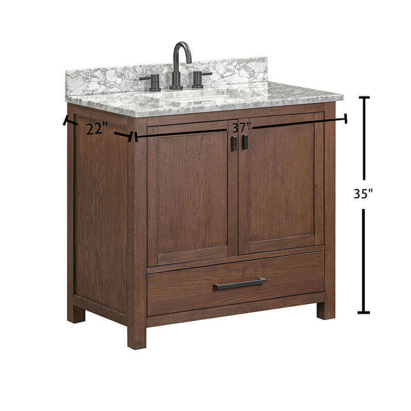 Modero 36 Inch Single Vanity Mocha Oak in Carrara White Marble Dimension