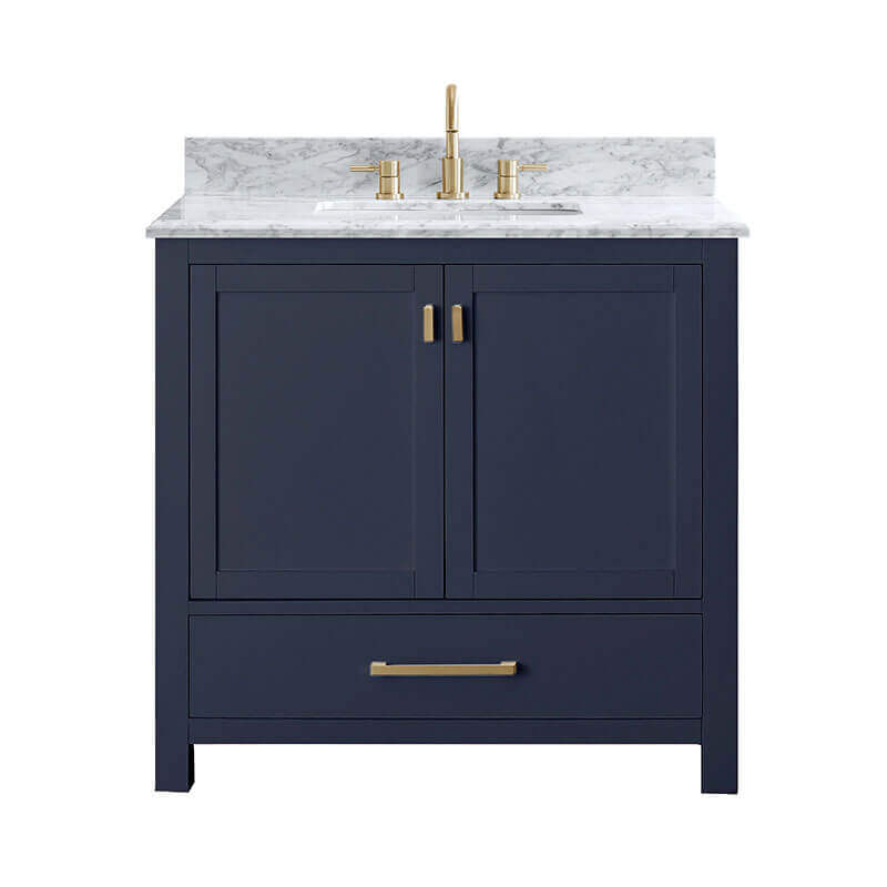 Modero 36 inch Single Vanity Navy Blue in Carrara White Marble