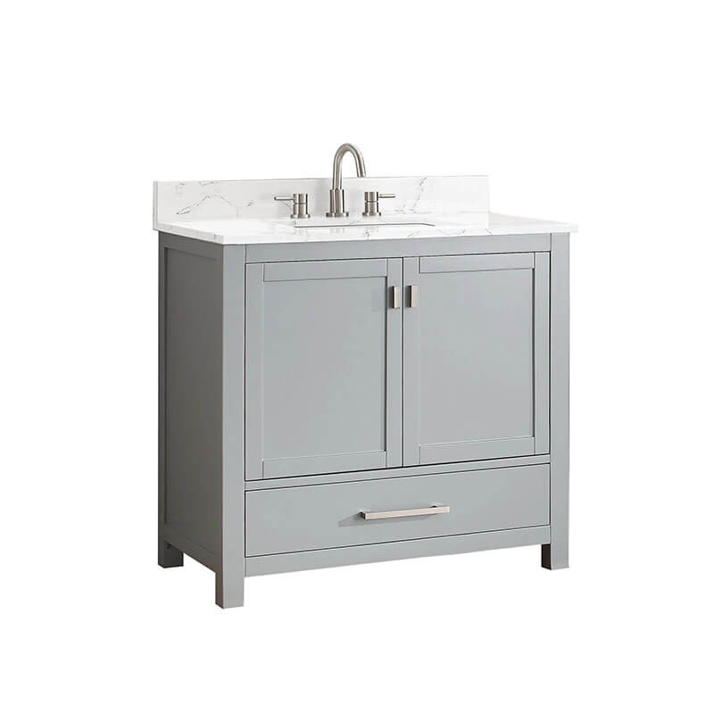 Modero 36 Single Vanity Chilled Gray in Cala White Engineered Stone Corner View