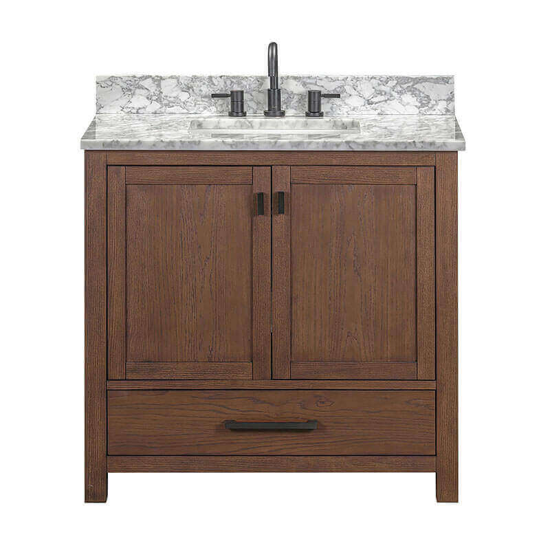Modero 36 Single Vanity Mocha Oak in Carrara White Marble in Carrara White Marble Front View