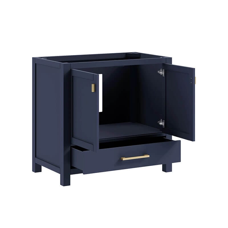 Modero 36 Single Vanity Navy Blue Cabinet Only Open Drawer