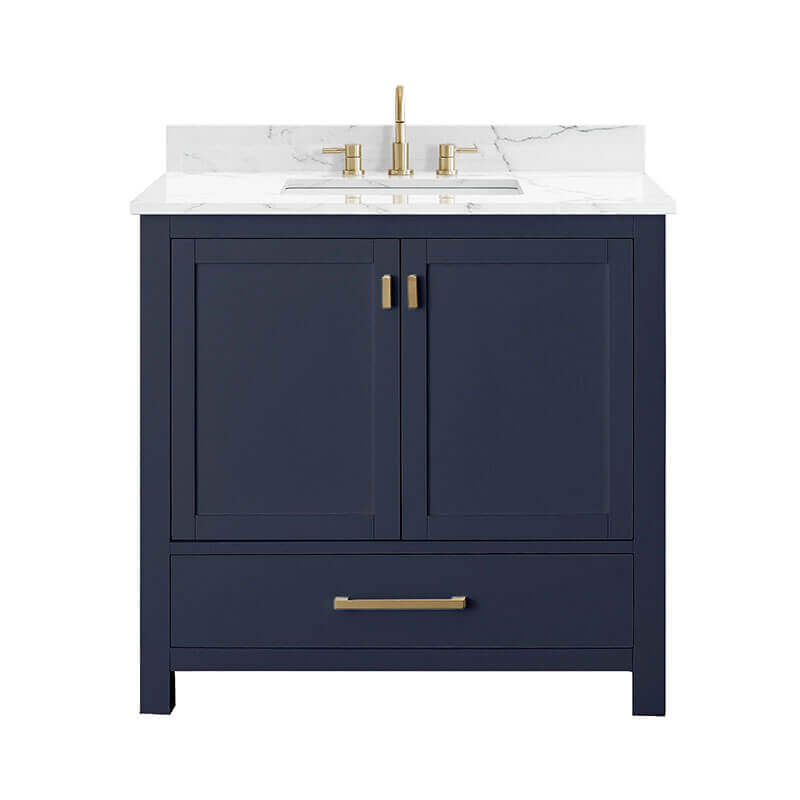 Modero 36 Single Vanity Navy Blue in Cala White Engineered Stone