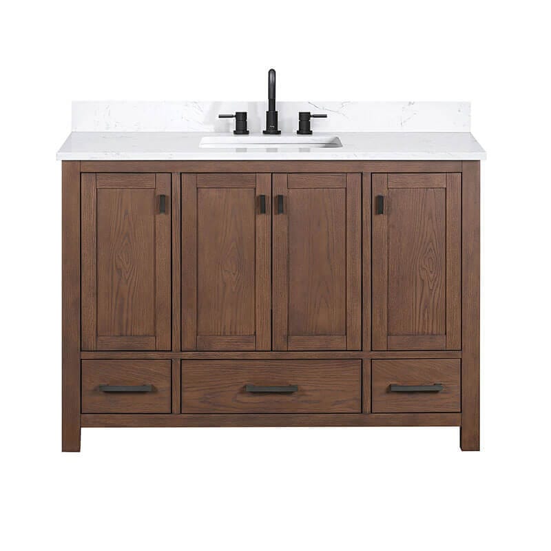 Modero 48 Inch Single Vanity Mocha Oak in Cala White Engineered Stone