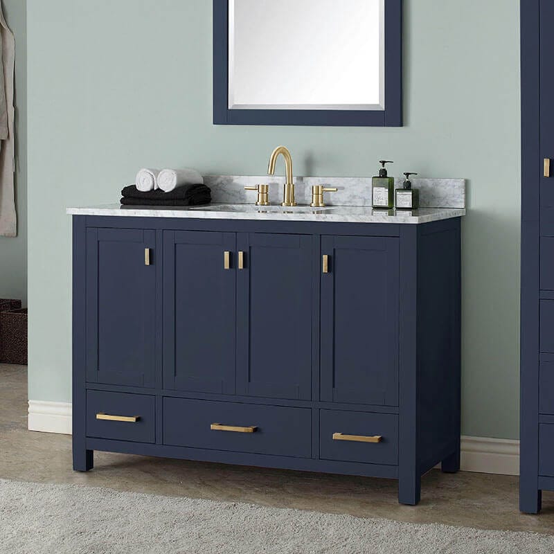 Modero 48 Inch Single Vanity Navy Blue in Carrara White Marble Corner View