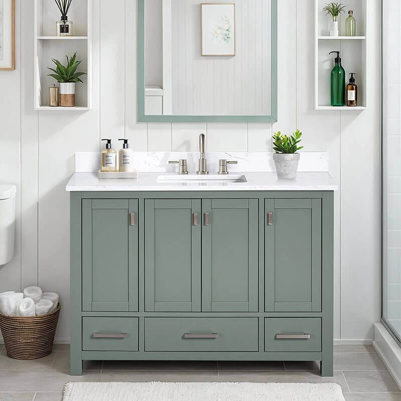 Modero 48 inch Single Vanity Smoke Green in Cala White Engineered Stone Front View