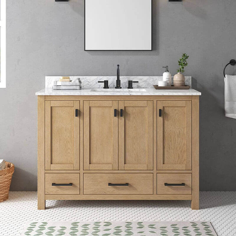 Modero 48 Single Vanity Brushed Oak in Carrara White Marble Front View