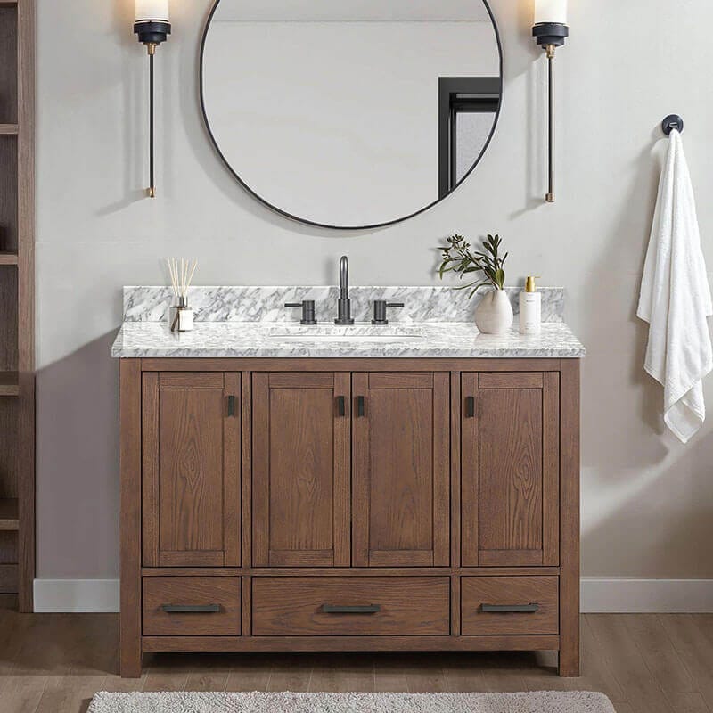 Modero 48 Single Vanity Mocha Oak N Carrara White Marble Front View