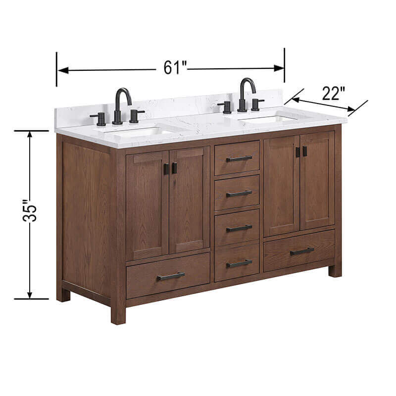 Modero 60 inch Double Vanity Mocha Oak in Cala White Engineered Stone Dimension