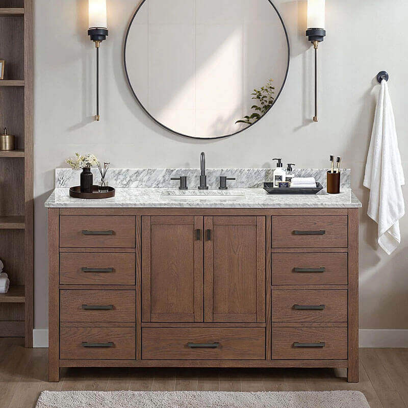 Modero 60 inch Single Vanity Mocha Oak in Carrara White Marble Front View