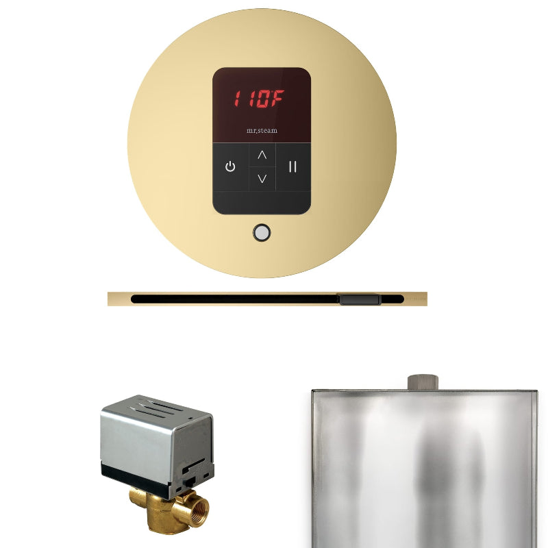 Mr Steam Basic Butler Steam Shower Control Package with Round iTempo Control and Linear Steamhead in Satin Brass