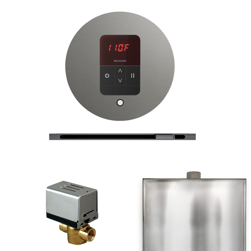 Mr Steam Basic Butler Steam Shower Control Package with Round iTempo Control and Linear Steamhead in Satin Steel