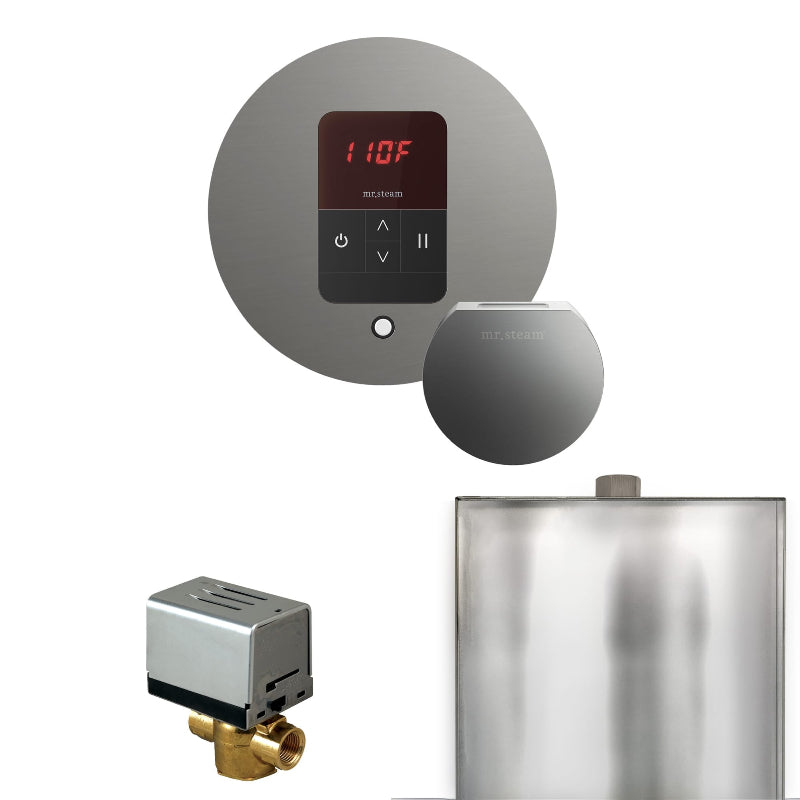 Mr Steam Basic Butler Steam Shower Control Package with Round iTempo Control and Steamhead in Satin Steel