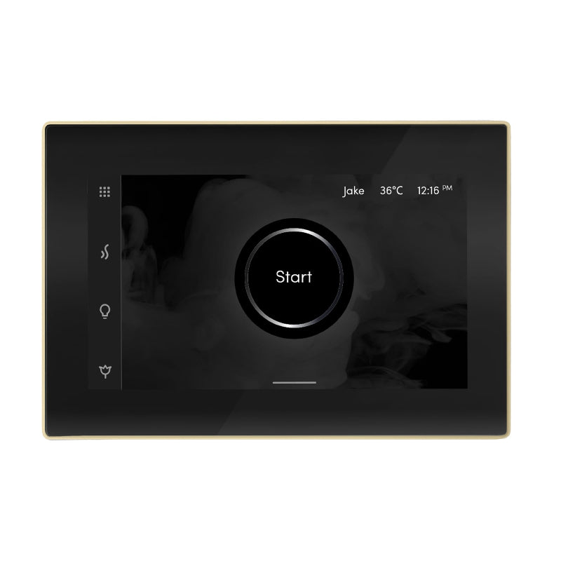 Mr Steam Black iSteamX Steam Shower Control with Polished Brass Aroma Steamhead