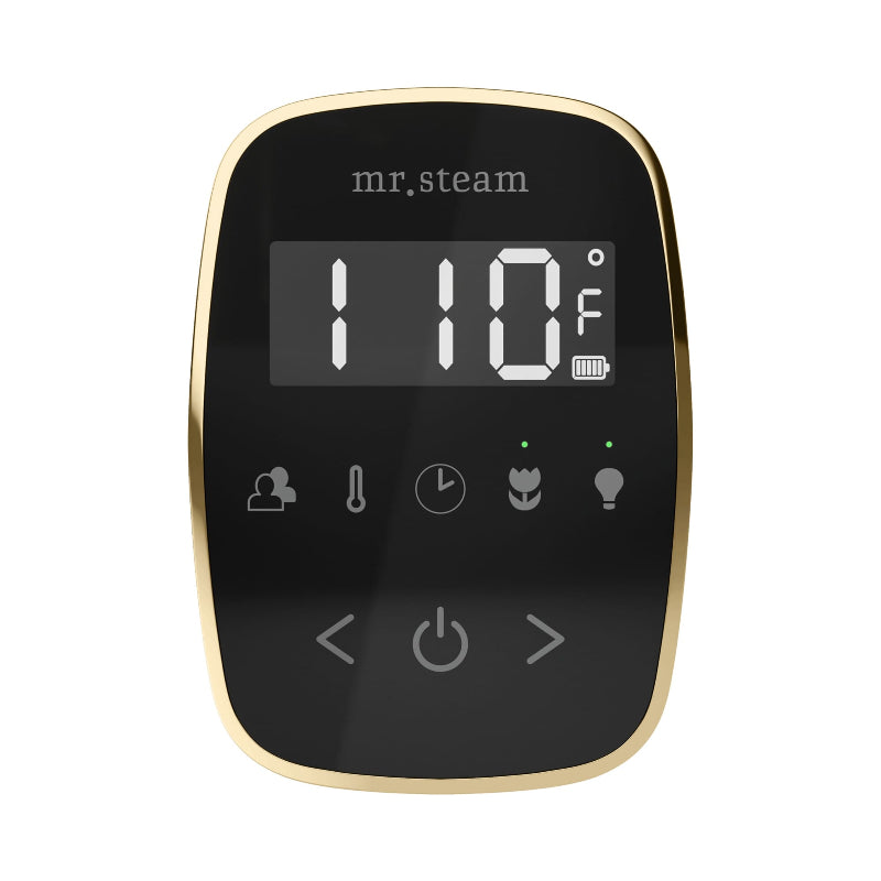 Mr Steam Black TempoFlex Steam Shower Control with Satin Brass Aroma Steamhead