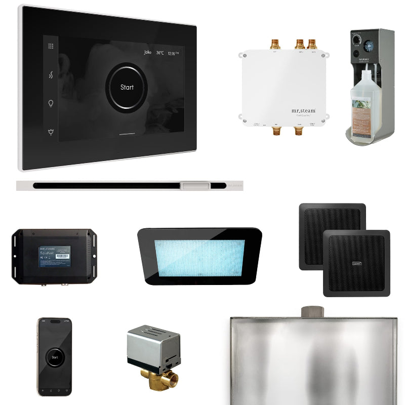 Mr Steam Bliss Steam Shower Control Package with iSteamX Control and Linear Steamhead in Black White Finish