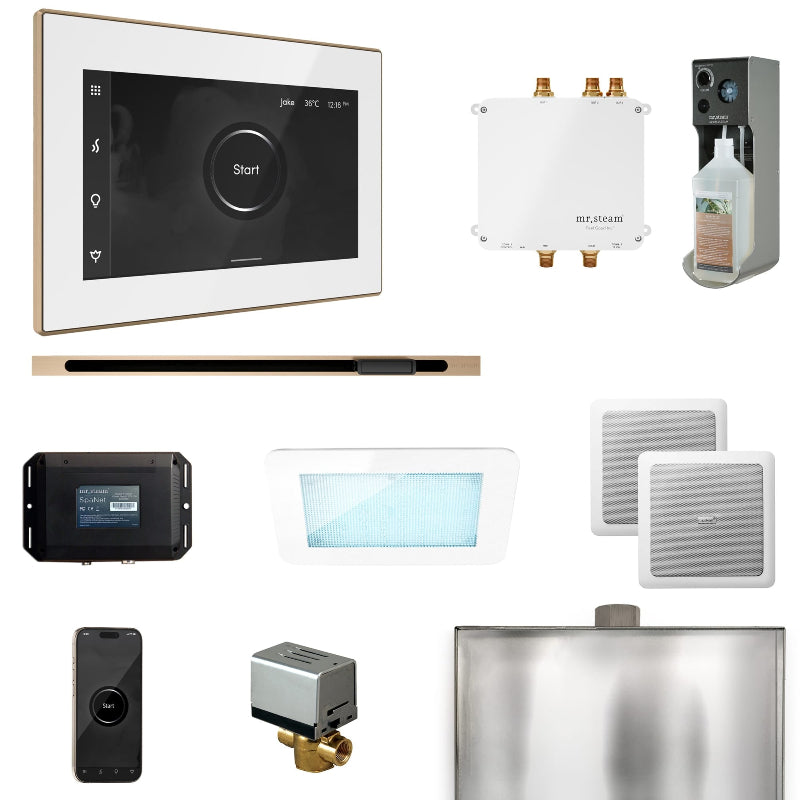 Mr Steam Bliss Steam Shower Control Package with iSteamX Control and Linear Steamhead in White Brushed Bronze