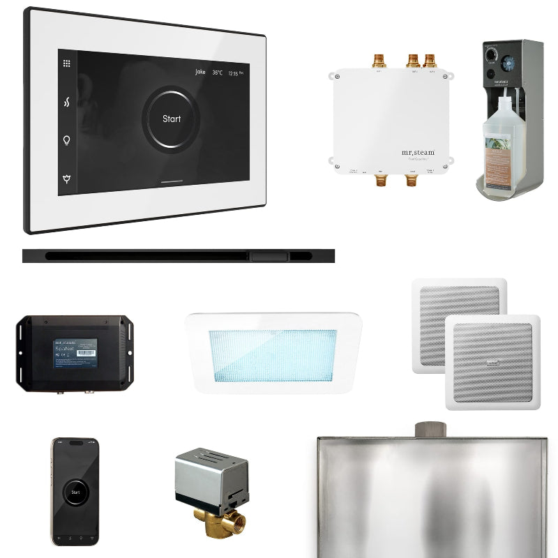 Mr Steam Bliss Steam Shower Control Package with iSteamX Control and Linear Steamhead in White Matte Black