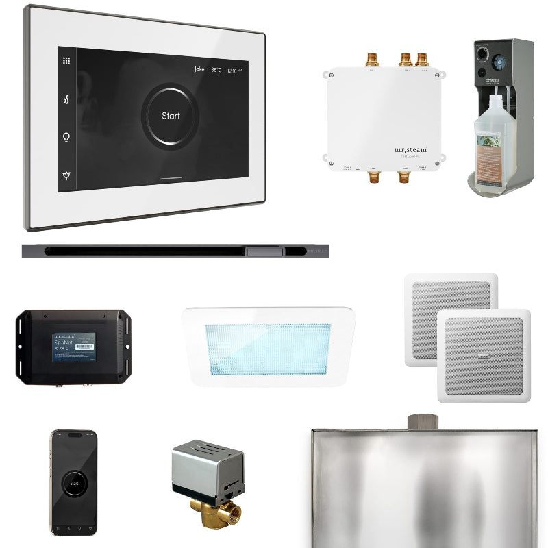 Mr Steam Bliss Steam Shower Control Package with iSteamX Control and Linear Steamhead in White Satin Steel