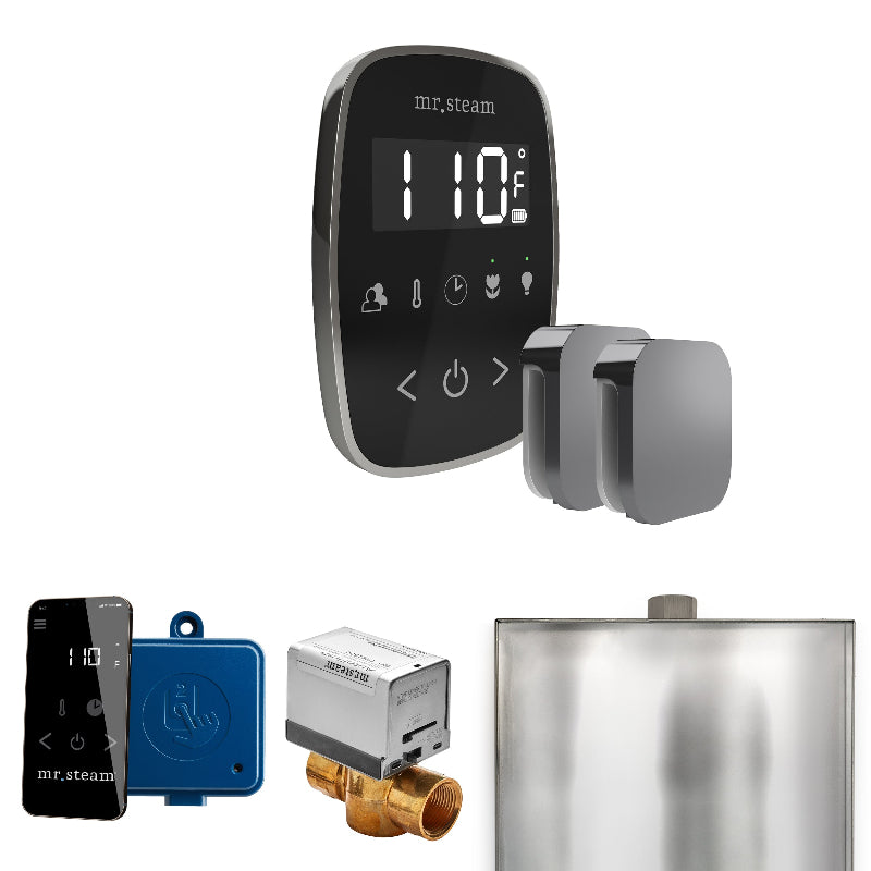 Mr Steam ButlerFlex Max Steam Shower Control Package with Black TempoFlex Control and Brilliant Black Aromasteam Steamhead