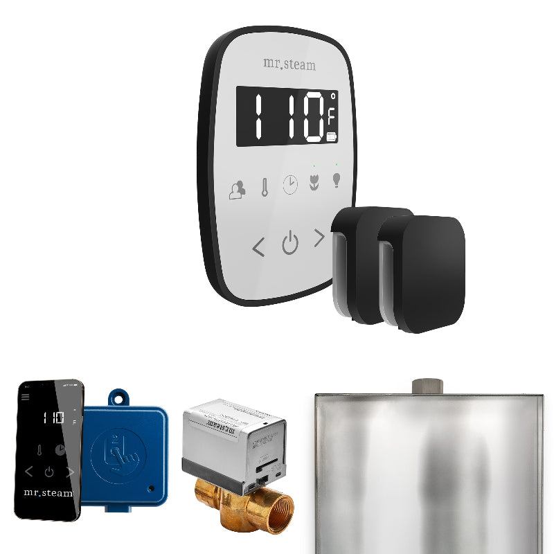 Mr Steam ButlerFlex Max Steam Shower Control Package with White TempoFlex Control and Matte Black Aromasteam Steamhead