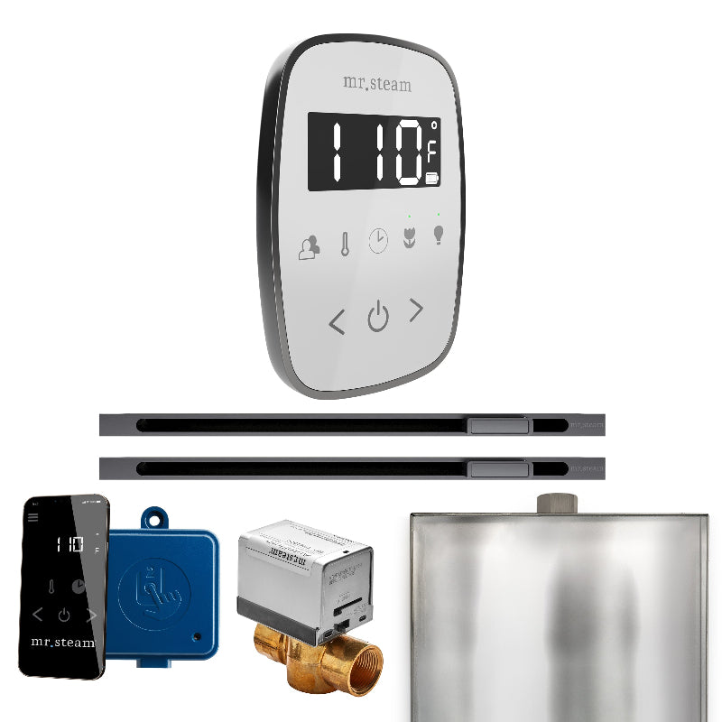 Mr Steam ButlerFlex Max Steam Shower Control Package with White TempoFlex Control and Satin Steel Linear Steamhead