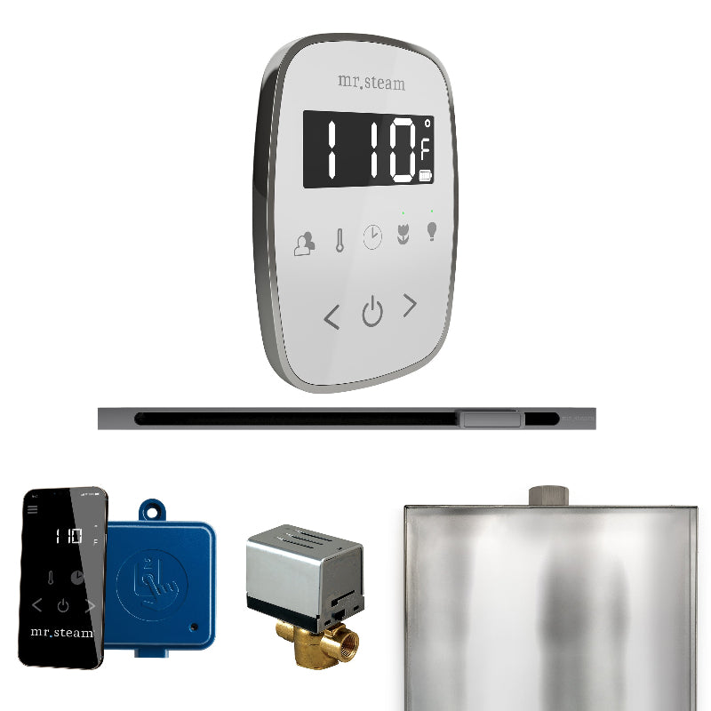 Mr Steam ButlerFlex Steam Shower Control Package with White TempoFlex Control and Brilliant Black Linear Steamhead