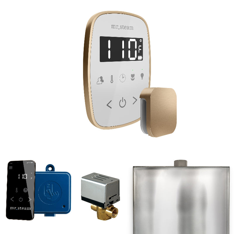 Mr Steam ButlerFlex Steam Shower Control Package with White TempoFlex Control and Brushed Bronze Aromasteam Steamhead