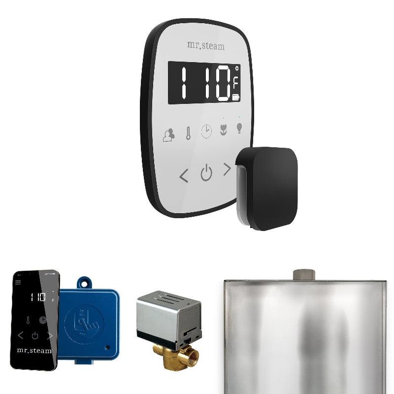 Mr Steam ButlerFlex Steam Shower Control Package with White TempoFlex Control and Matte Black Aromasteam Steamhead