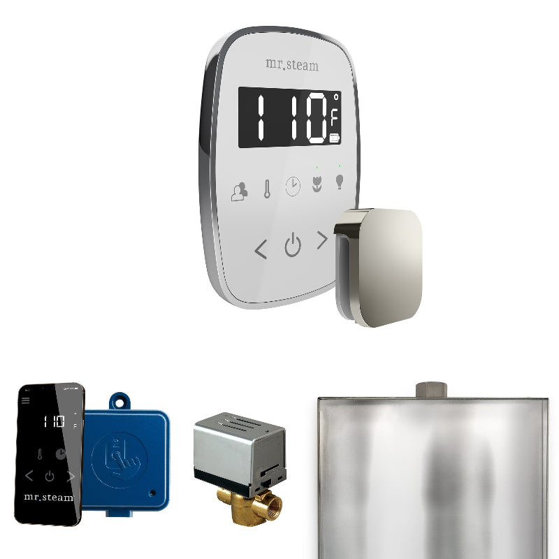 Mr Steam ButlerFlex Steam Shower Control Package with White TempoFlex Control and Polished Chrome Aromasteam Steamhead