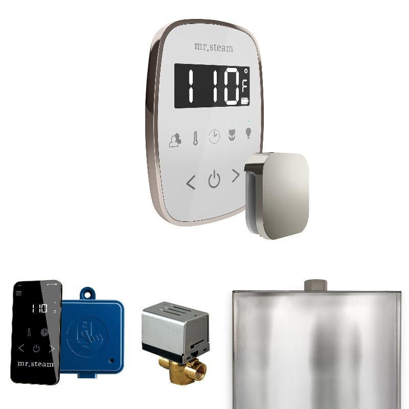 Mr Steam ButlerFlex Steam Shower Control Package with White TempoFlex Control and Polished Nickel Aromasteam Steamhead