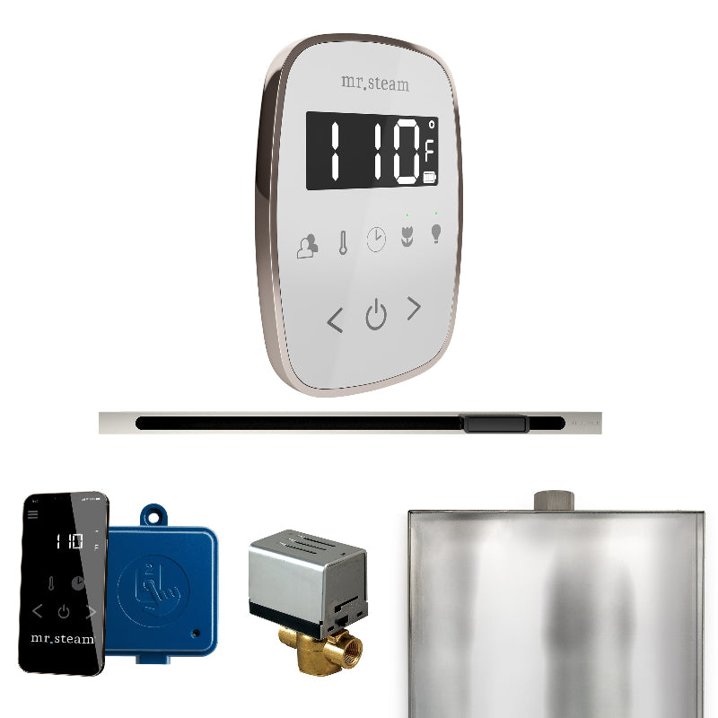 Mr Steam ButlerFlex Steam Shower Control Package with White TempoFlex Control and Polished Nickel Linear Steamhead